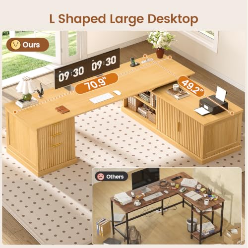 SEDETA Fluted 70.9" L Shaped Desk with Drawers, Fluted Oak - color: Fluted Oak, size: 70.9" L Shaped Desk