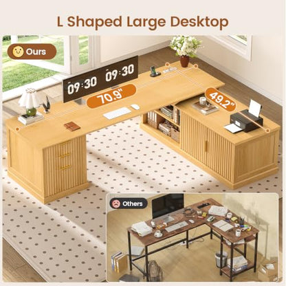 SEDETA Fluted 70.9" L Shaped Desk with Drawers, Fluted Oak - color: Fluted Oak, size: 70.9" L Shaped Desk