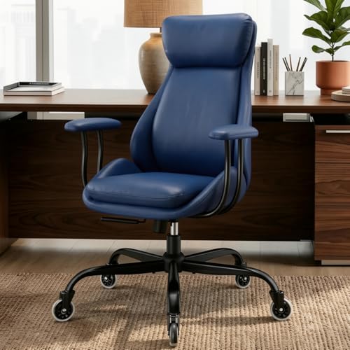 Leather Executive Office Chair, Computer Desk Chair, Blue | Ergonomic, Rubber Wheels, Lumbar Support, 360° Swivel, High Back, Adjustable Height, for Modern Home Office - color: Navy Blue