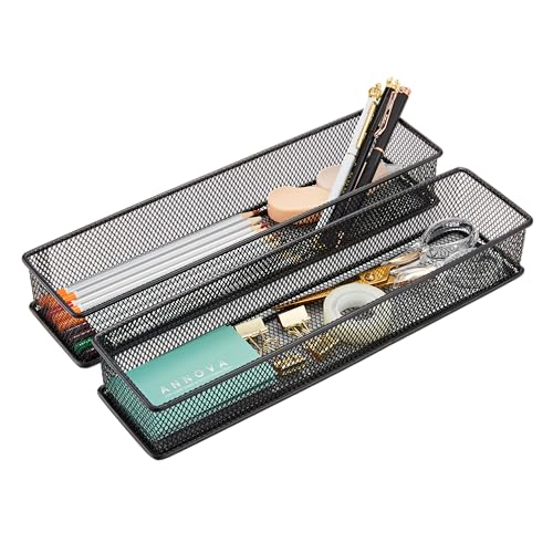 Annova Mesh Stackable Drawer Cabinet and Shelf Organizer Bins Storage Basket School Office Supply Holder Tray- Set of 2 (Black, 3x12x2 Inch) - color: Black, size: 3x12x2 Inch