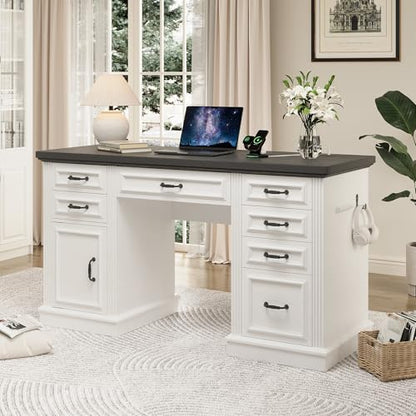 Jocoevol Farmhouse 57" Executive Desk with 7 Drawers, Home Office Desk with File Cabinet Storage, Computer Desk with Charging Station and Headphone Hook for Work, Study, Writing, White
