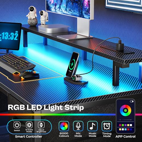 Huuger 47 inch Computer Desk with Power Outlets & 4 Drawers - color: Carbon Fiber Black, size: 47 Inch