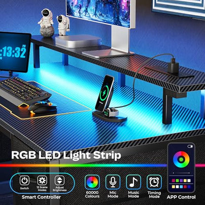 Huuger 47 inch Computer Desk with Power Outlets & 4 Drawers - color: Carbon Fiber Black, size: 47 Inch