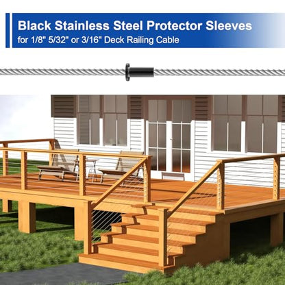 BLIKA 100 Pack Black Stainless Steel Protector Sleeves for 1/8" 5/32" or 3/16" Deck Cable Railing, for Wood/Composite Posts, T316 Marine Grade, Black Cable Railing Protector Sleeves