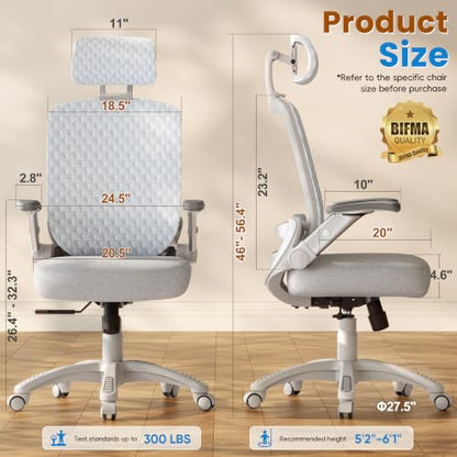 GABRYLLY Ergonomic Office Chair, High Back Home Desk Chair with Flip-Up Arms, 3D Headrest, Thick Sponge Seat &90-120° Recline, Big and Tall Mesh Executive Chairs for Man Woman, Glacier Flow - color: Glacier Flow