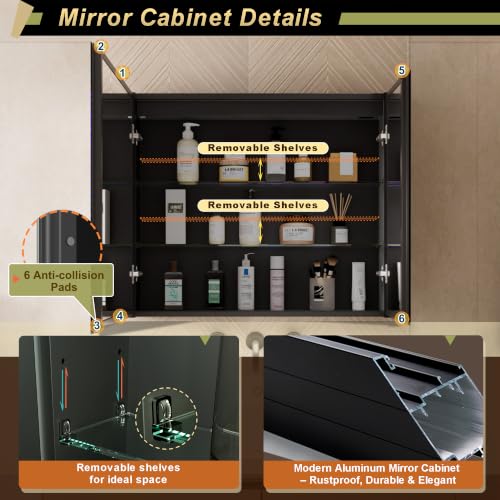 30*28 inch Two-door Aluminum LED Lighted Bathroom Medicine Mirror Cabinet | Light Adjustable, Sockets & USBs inside, Anti-Fog, Easy to Install - color: 30*28 Two-door