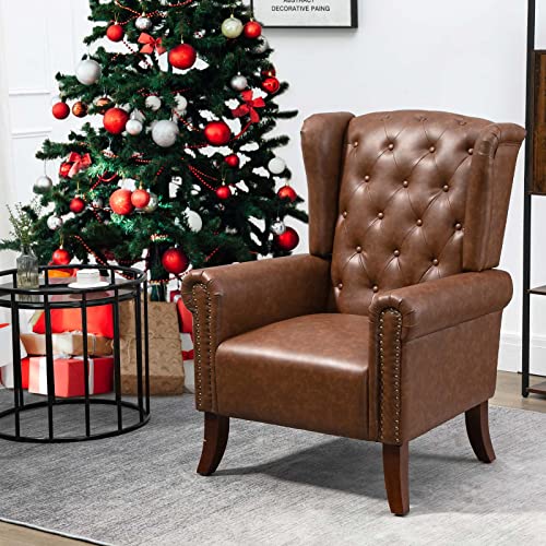 MOJAY Mid-Century PU Leather Accent Chair, Living Room Lounge Sofa Chair with Buttons, Single Club Armchair with Rivet Trim for Bedroom Home Reception (Brown) - color: Brown, size: Set of 1