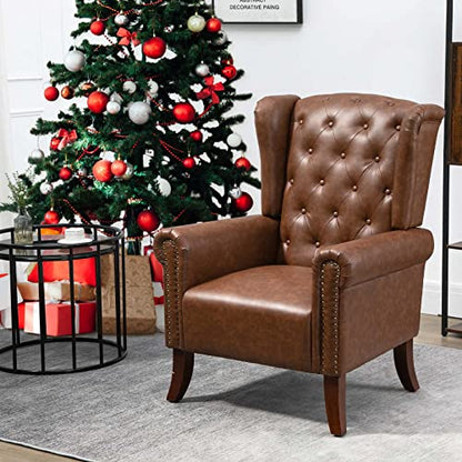 MOJAY Mid-Century PU Leather Accent Chair, Living Room Lounge Sofa Chair with Buttons, Single Club Armchair with Rivet Trim for Bedroom Home Reception (Brown) - color: Brown, size: Set of 1