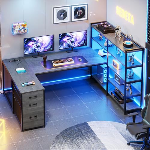 SEDETA Corner Computer Desk, Reversible U Shaped Office Desk with 3 Fabric Drawers and Power Outlet, Corner Gaming Desk with LED Lights, Storage Shelves, Grey - color: Grey