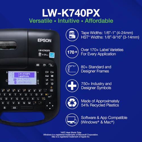 LABELWORKS Epson LW-K740PX Industrial Label Maker Kit - Portable Handheld | Handheld industrial label maker kit for office, home & healthcare, durable ID & organization labels, uses LABELWORKS PX tapes