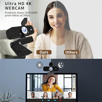 Webcam for Computer, USB Plug&Play, Auto Low Light Correction, Privacy Cover, Tripod, Wide Angle for Meeting/Online Video/Zoom, Web Cam with Microphone (4K)