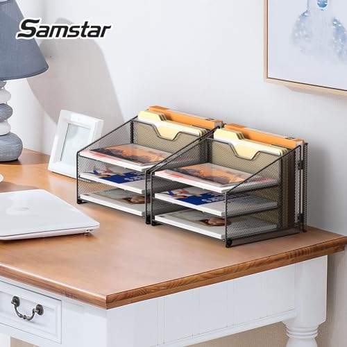 Samstar 2 Pack Mesh Desk File Organizer Letter Tray Holder, Desktop File Folder Holder with 3 Paper Trays and 2 Vertical Upright Section, Black - color: 2 Pack