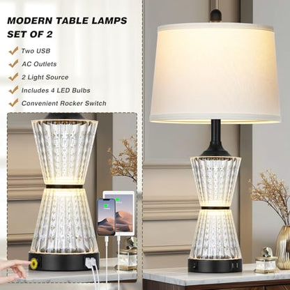 Modern Table Lamps for Living Room, 26" Tall Black Table Lamp with 2 Textured LED Night Light, 2 USB Charging Port & AC Outlet, Bedside Lamps for Bedroom Nightstands End Table Office, 2 Bulbs Included - color: Black-1