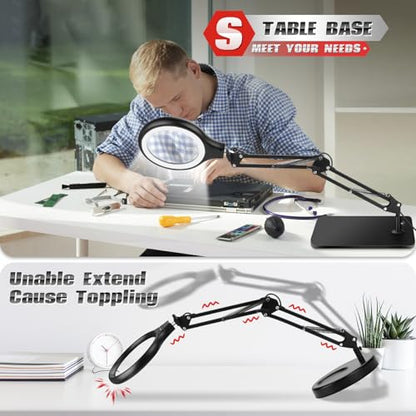 NZQXJXZ 10X 30X Large Magnifying Glass with Light and Stand, 5-inch LED Lighted Magnifier, 3 Color Modes Stepless Dimmable, Hands-Free Magnifying Glass Desk Lamp for Reading Craft Hobby Close Work