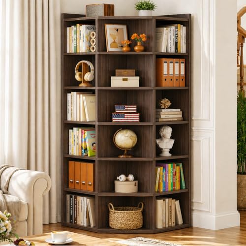 Aheaplus 7-Tier Corner Cube Bookshelf, Corner Cabinet - color: Black Walnut, size: 7 Tier, 64.5" H