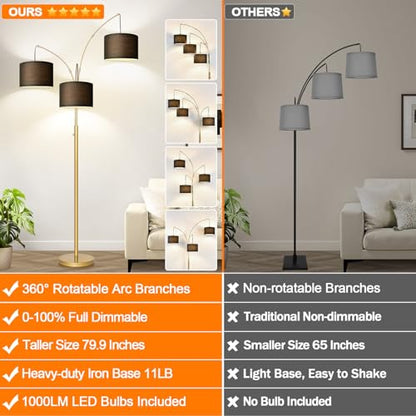 Dimmable Floor Lamp, 3 Lights Gold Arc Floor Lamp, Modern Tall Standing Tree Lamp with Black Linen Shades & Heavy Base, 3000LM LED Bulbs, Bright Lighting for Living Room, Bedroom, Office & Reading - color: Gold-Black Shade