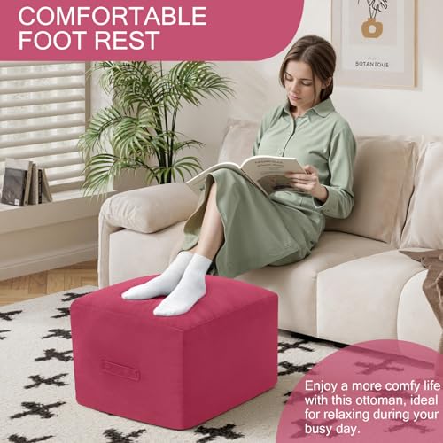 MeMoreCool Square Stuffed Pouf Ottoman Foot Rest, Floor Pouf Foot Stool with Foam Chunk Filling, Soft Stuffed Ottoman Footrest for Living Room - color: Grid Magenta