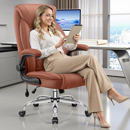 BestGlory Executive Office Chair with Lumbar Support, Big and Tall Ergonomic Computer Desk Chair, Leather Comfy High Back Gaming Chair with Flip Up Arms & Rocking Function for Home Office, Brown - color: Brown, size: 1 Pack