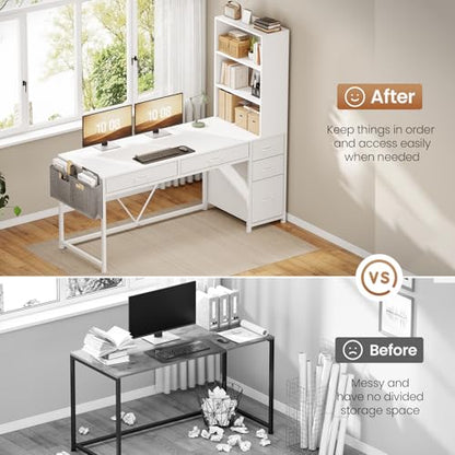 SEDETA Computer Desk with 5 Drawers and Bookshelf, Reversible Home Office Desk with Storage Shelves and File Drawer, Gaming Desk with LED Lights for Small Spaces, White - color: White