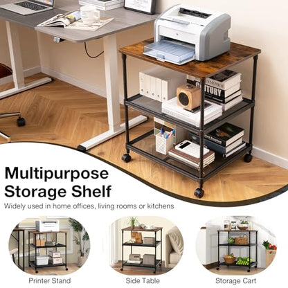 Giantex Printer Stand, 3-Tier Industrial Printer Cart with Lockable Wheels, Adjustable Shelves, Metal Frame, Mobile Under Desk Shelf for Home Office, Printer Table Fit Fax Machine, Scanner (Brown) - color: Brown, size: 24"x20"x27.5"