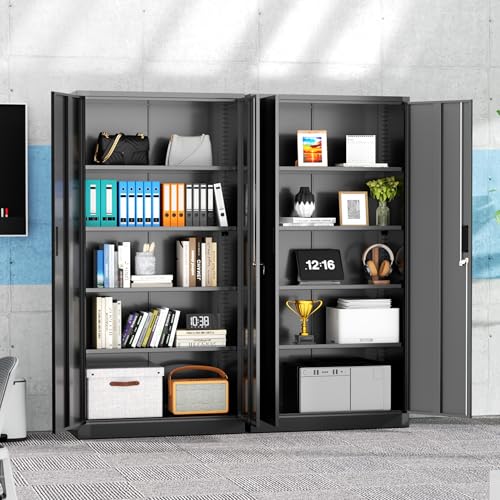 Superday Metal Storage Cabinet, 72" Garage Storage Cabinets with Lock, Black Metal Cabinet with 2 Doors and 4 Adjustable Shelves for Home Office, Classroom, File, Easy Assemble - color: Black, size: 71" Black Cabinet