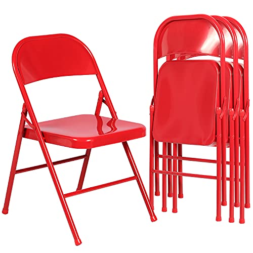VECELO Metal Folding Chairs 4 Pack, Double Hinged Steel Frame Easy Foldable&Stackable for Office Kitchen Dinning Wedding Patio and Garden - color: Red