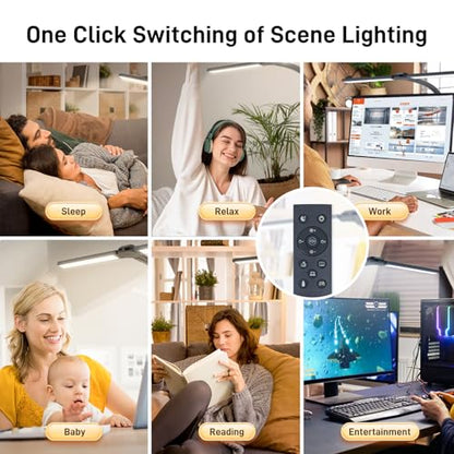 LED Desk Lamp for Home Office, Eye-Caring Desk Light with Clamp, 24W Double Head Architect Task Lamp Stepless Dimming, Flexible Gooseneck Bright Table Lamp for Study Reading Workbench Drafting