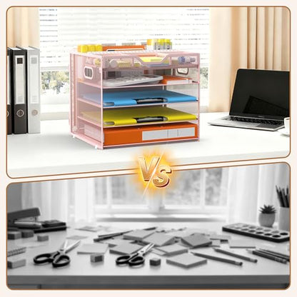 Docnest 5 Tier Desk Organizer with Hanging File Folder Holder&Tray, Pink - color: Pink, size: 12.6" x 11.8" x 10.3"