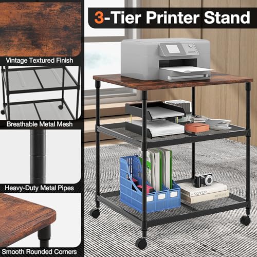 Giantex Printer Stand, 3-Tier Industrial Printer Cart with Lockable Wheels, Adjustable Shelves, Metal Frame, Mobile Under Desk Shelf for Home Office, Printer Table Fit Fax Machine, Scanner (Brown) - color: Brown, size: 24"x20"x27.5"