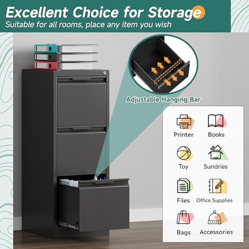 3 Drawer Metal Vertical File Cabinet with Lock for Home Office | 17.8"D x 15"W x 38.4"H,Small Under Desk Cabinet,Adjustable Hanging Bar,Fits 4A/Legal/Letter Size File,Easy Assembly,Black - color: Black, size: 17.8"D x 15"W x 38.4"H（3 Drawers）