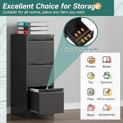 3 Drawer Metal Vertical File Cabinet with Lock for Home Office | 17.8"D x 15"W x 38.4"H,Small Under Desk Cabinet,Adjustable Hanging Bar,Fits 4A/Legal/Letter Size File,Easy Assembly,Black - color: Black, size: 17.8"D x 15"W x 38.4"H（3 Drawers）