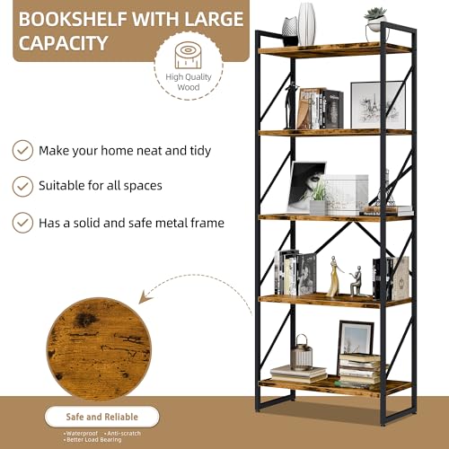 Vongrasig 5 Tier Metal Bookshelf, Narrow Industrial Bookcase, Walnut - color: Walnut