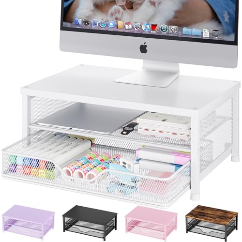 OPNICE Computer Monitor Stand Riser, Desk Organizer with Drawer, Printer & Laptop Stand, Office Desk Accessories & Workspace Desktop Organizers Storage for Office Supplies(White) - color: White, size: 14 x 9.1 x 5.6