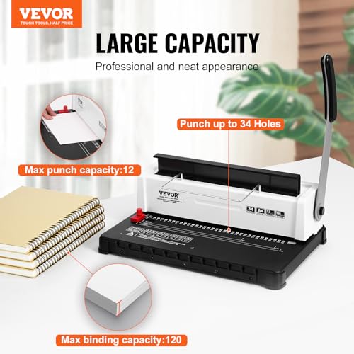 VEVOR Coil Spiral Binding Machine, Manual Book Maker 34-Holes Binding 120 Sheets, Punch Binder Adjustable 3/16" - 9/16" Coil Binding Spines, for Letter Size, A4, A5 - style: Wire Binding