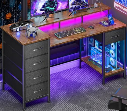 Korfile 47 Inch Computer Desk with Power Outlets,LED,5 Drawers,Rustic Brown - color: Rustic Brown, size: 47 Inch