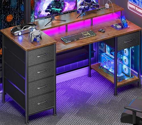 Korfile 47 Inch Computer Desk with Power Outlets,LED,5 Drawers,Rustic Brown - color: Rustic Brown, size: 47 Inch