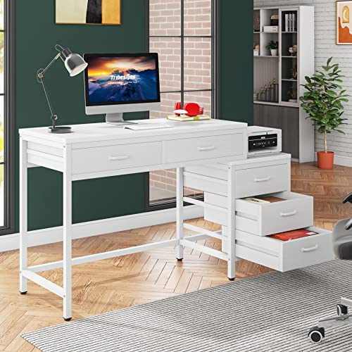 Little Tree Computer Desk with 5 Drawers, Home Office Desks with Reversible File Drawer Cabinet Printer Stand - color: White
