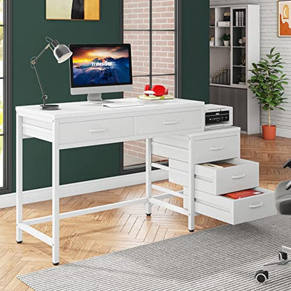 Little Tree Computer Desk with 5 Drawers, Home Office Desks with Reversible File Drawer Cabinet Printer Stand - color: White