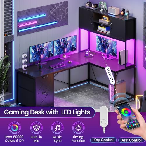 SEDETA Reversible L Shaped Corner Gaming Desk with Drawers, Led Lights - color: Black