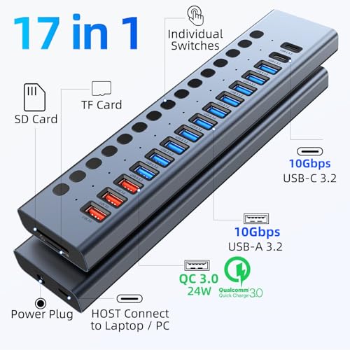 VANGREE Powered USB Hub 10Gbps, 17 Ports USB 3.2 Hub, 96W Power Adapter - color: Gray