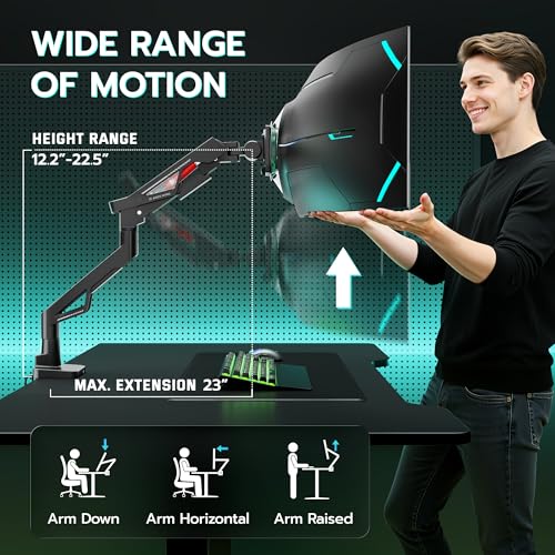 ARES WING Gas Spring Ultrawide Monitor Arm 57" 66Lbs USB VESA Dual Base | Height Adjustable & Extendable, Built-in USB Port, Standard VESA, Clamp & Grommet Base, Fits Ultrawide Monitor - style: With USB
