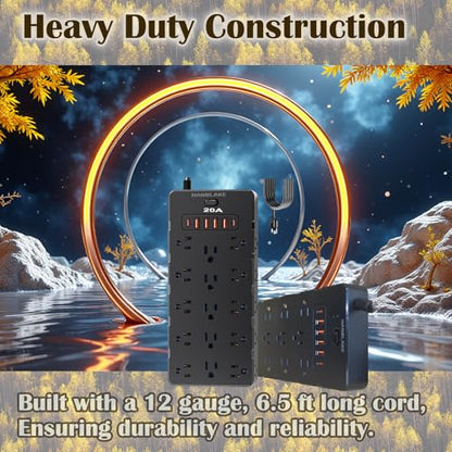 20 Amp Power Strip Surge Protector,Heavy Duty 12 Gauge 6.5 ft Cord/25 AC Outlets/4 USB A/2USB C/4000 Joules Surge protection/2500W/125V,Office Workshop Household Garage Black
