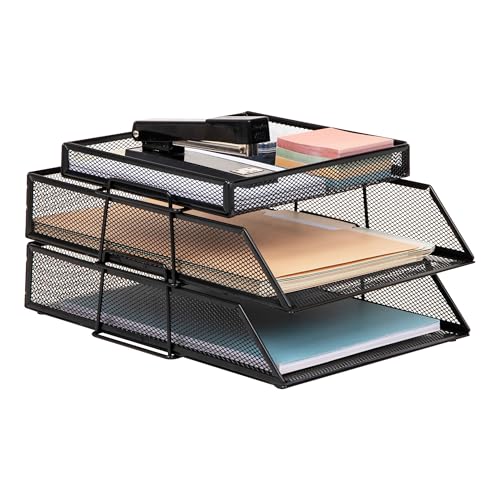Mind Reader 2 Tier Paper Tray with Top Supply Compartment, Desktop File Organizer, Metal Mesh, Black - color: Black