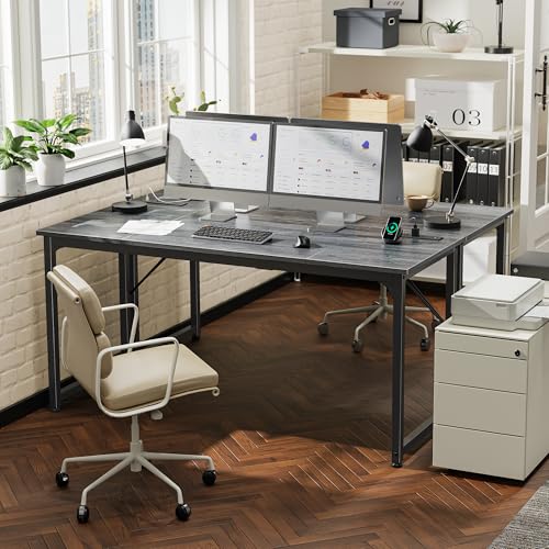 PRAISUN 63 X 24 Inch Computer Desk, Power Outlets, USB-C, Grey - color: Grey, size: 63inch