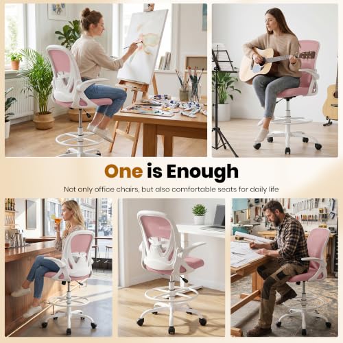 Primy Drafting Chair Tall Office Chair with Flip-up Armrests Executive Ergonomic Computer Standing Desk Chair with Lumbar Support and Adjustable Footrest Ring (Rose Quartz) - color: Rose Quartz, size: 934-Z