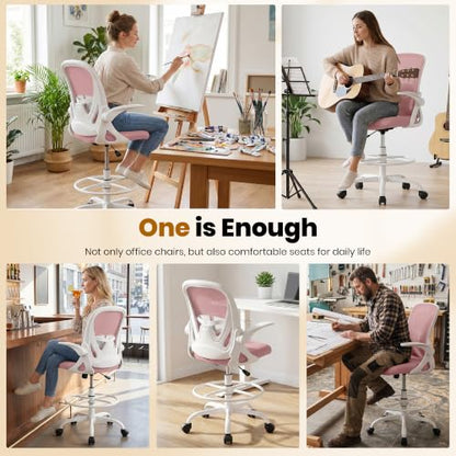 Primy Drafting Chair Tall Office Chair with Flip-up Armrests Executive Ergonomic Computer Standing Desk Chair with Lumbar Support and Adjustable Footrest Ring (Rose Quartz) - color: Rose Quartz, size: 934-Z