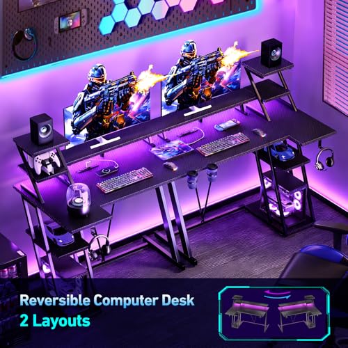Korfile 47 Inch Gaming Desk with LED Lights & Power Outlet, L Shaped Computer Desk with Storage Shelves, Gamer Workstations with Monitor Stand for Bedroom, Carbon Fiber Black | L Shaped Computer Desk, Gamer Workstations, Storage Shelves, Monitor Stand, fo