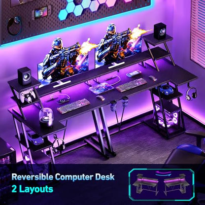 Korfile 47 Inch Gaming Desk with LED Lights & Power Outlet, L Shaped Computer Desk with Storage Shelves, Gamer Workstations with Monitor Stand for Bedroom, Carbon Fiber Black | L Shaped Computer Desk, Gamer Workstations, Storage Shelves, Monitor Stand, fo