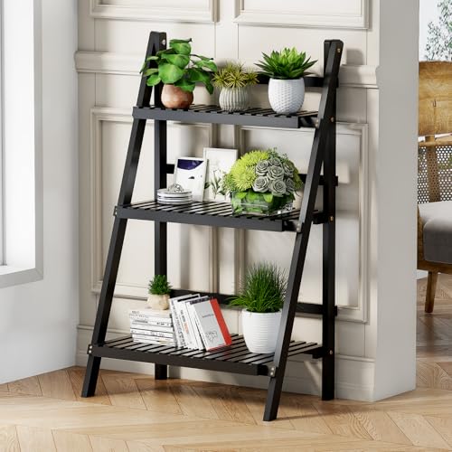 39.4" Foldable Ladder Shelf Plant Shelf, 3 Tier Bamboo Ladder Bookshelf - color: 3-Tier Black