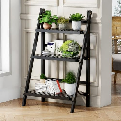 39.4" Foldable Ladder Shelf Plant Shelf, 3 Tier Bamboo Ladder Bookshelf - color: 3-Tier Black